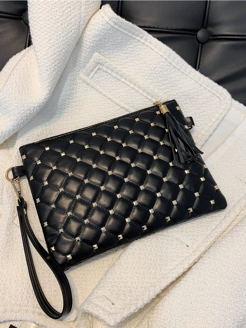 Studded Decor Quilted Clutch Bag