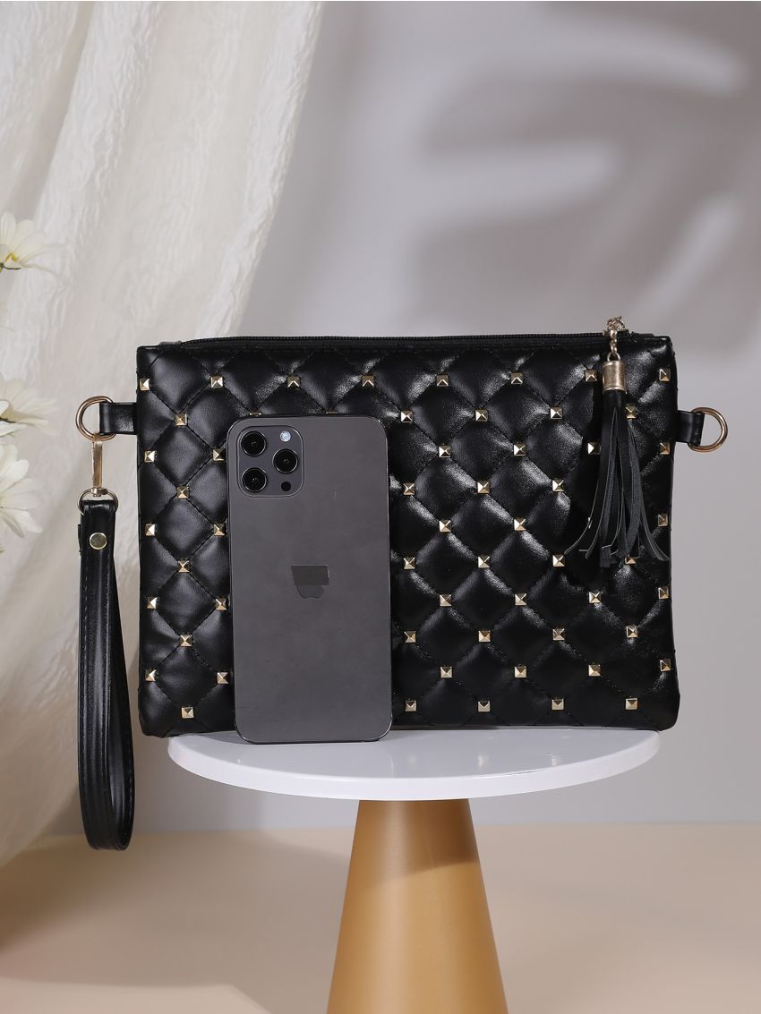 Studded Decor Quilted Clutch Bag