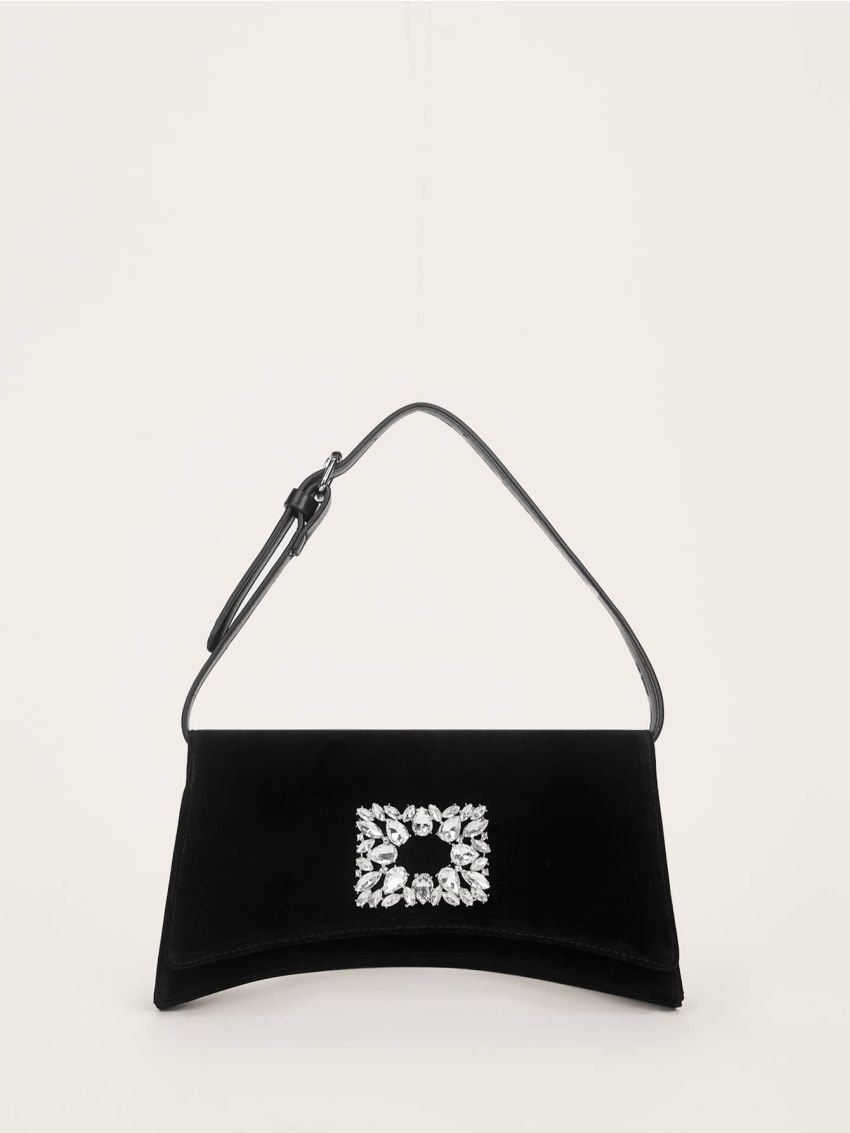 Rhinestone Decor Flap Baguette Bag