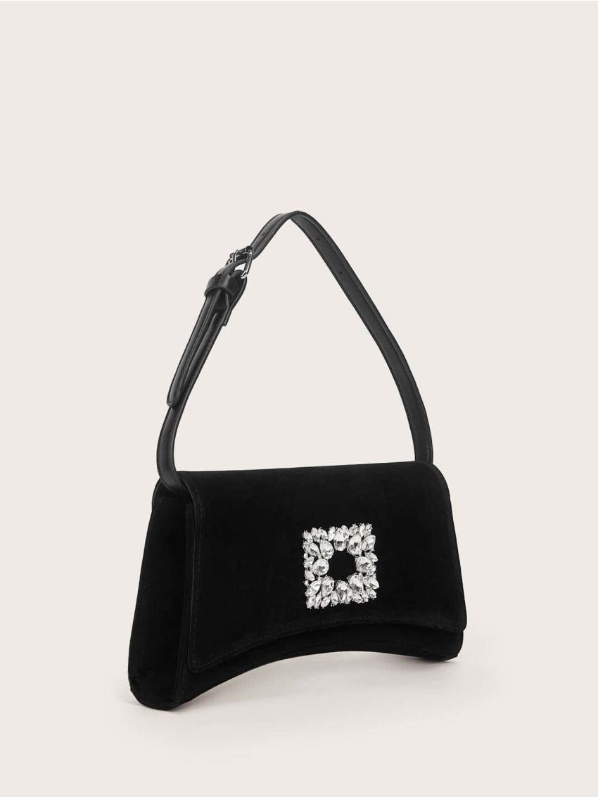 Rhinestone Decor Flap Baguette Bag