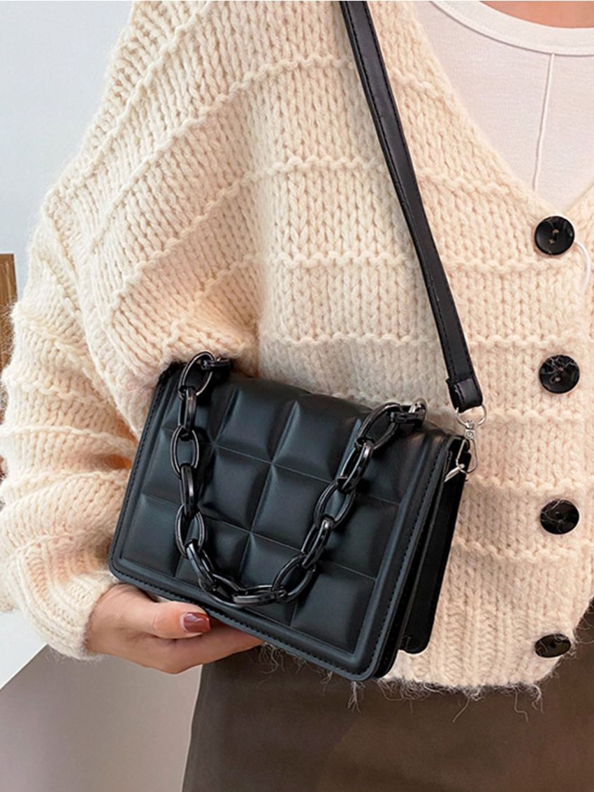 Mini Chain Decor Textured Flap Square Bag