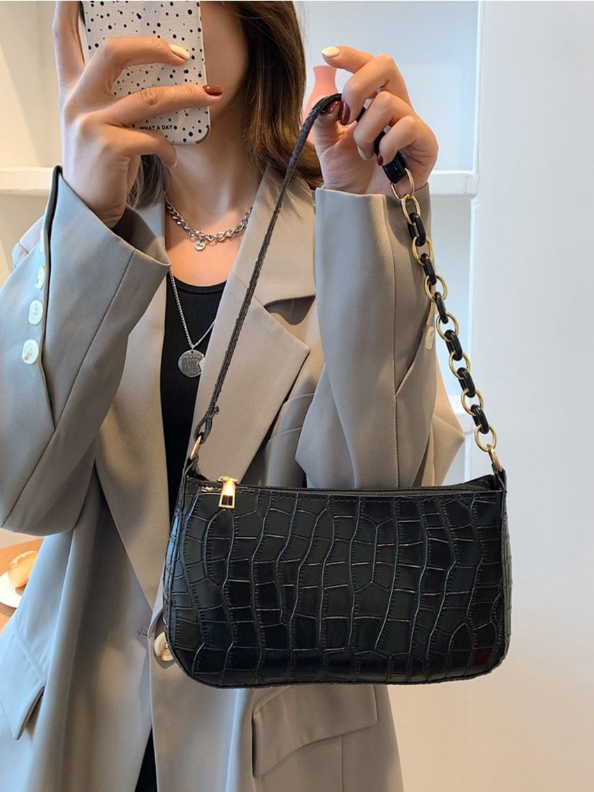 Croc Embossed Chain Baguette Bag