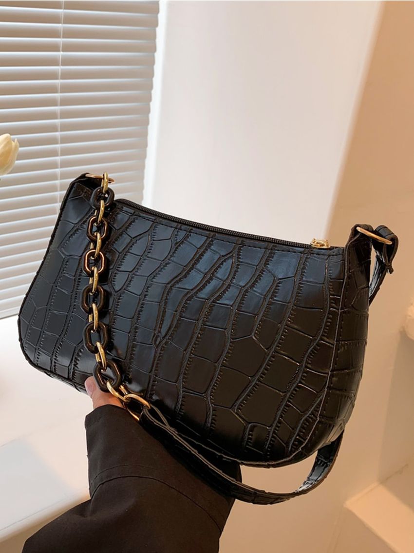 Croc Embossed Chain Baguette Bag