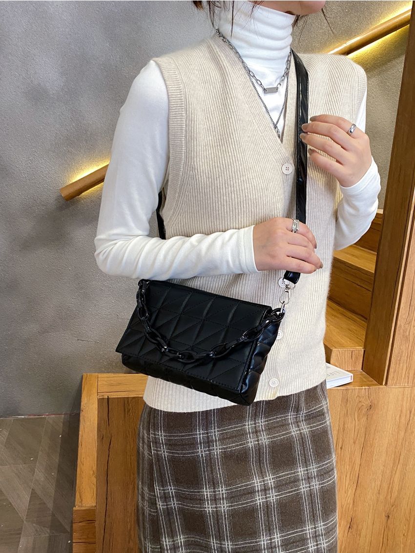 Quilted Flap Chain Decor Crossbody Bag
