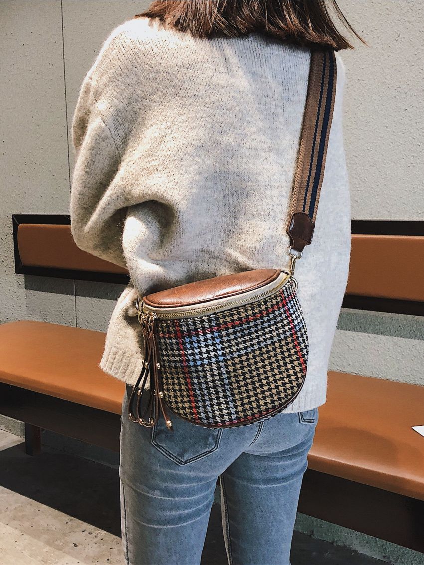 Mini Plaid Tartan Pattern Studded Decor Box Bag