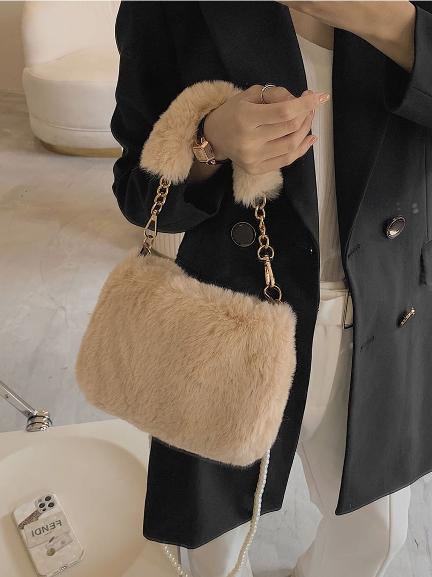Minimalist Faux Pearl Decor Fluffy Satchel Bag