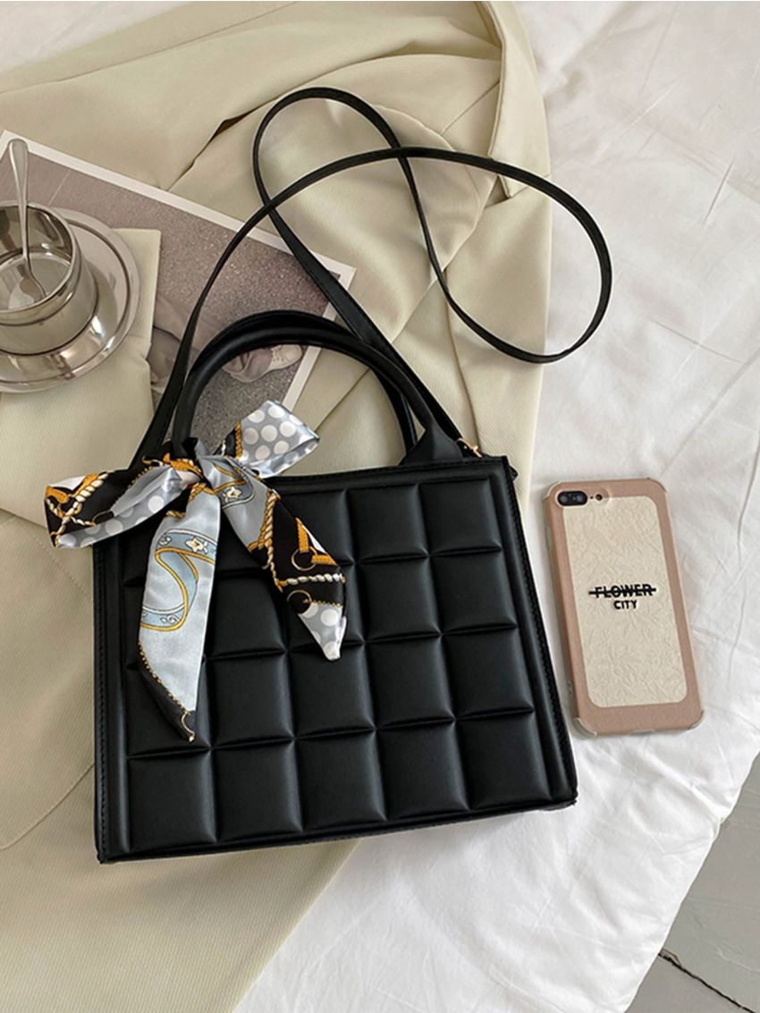 Mini Straw Bag Twilly Scarf Decor Double Handle For Vacation