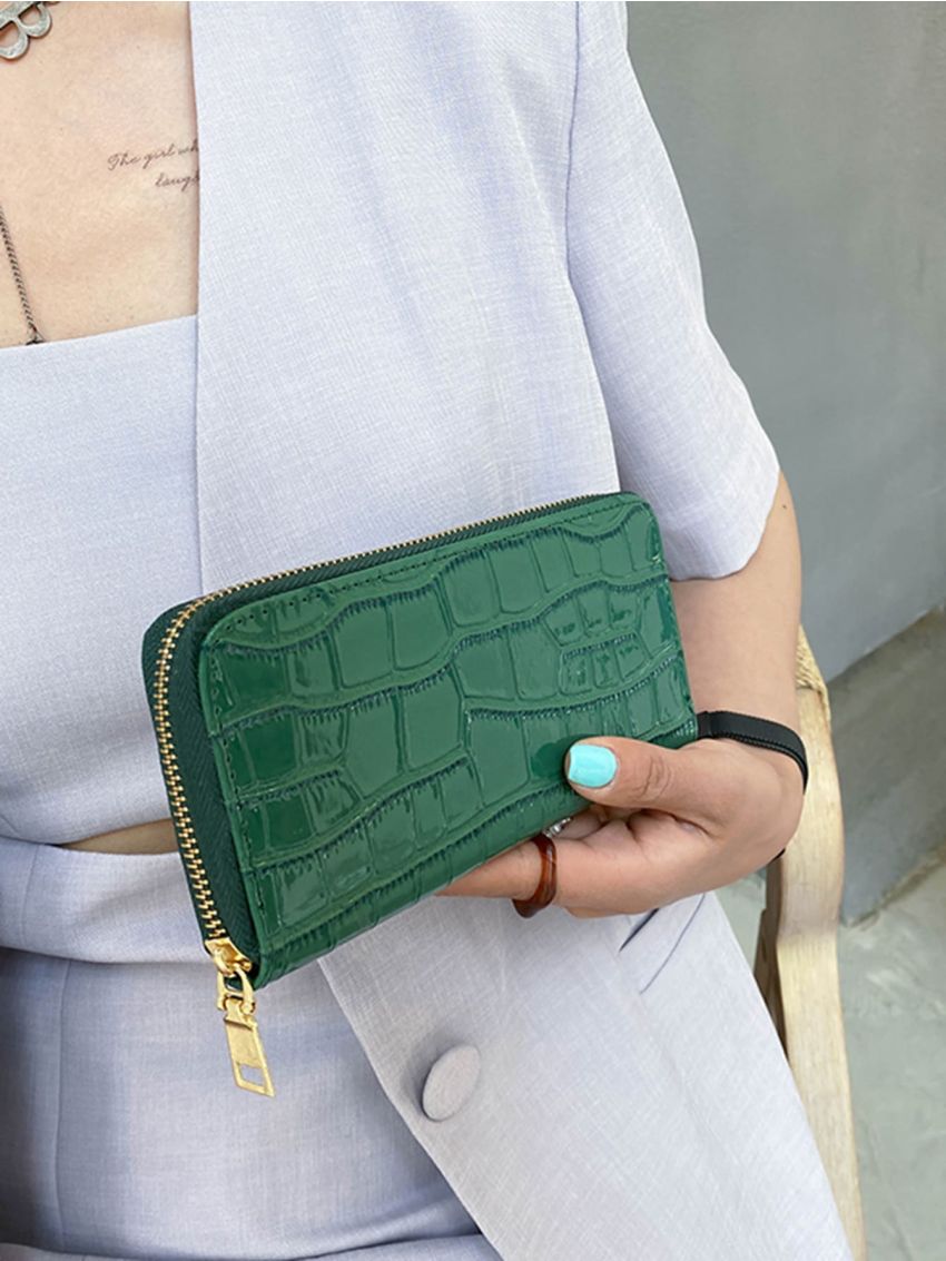 Croc Embossed Zip Around Long Wallet