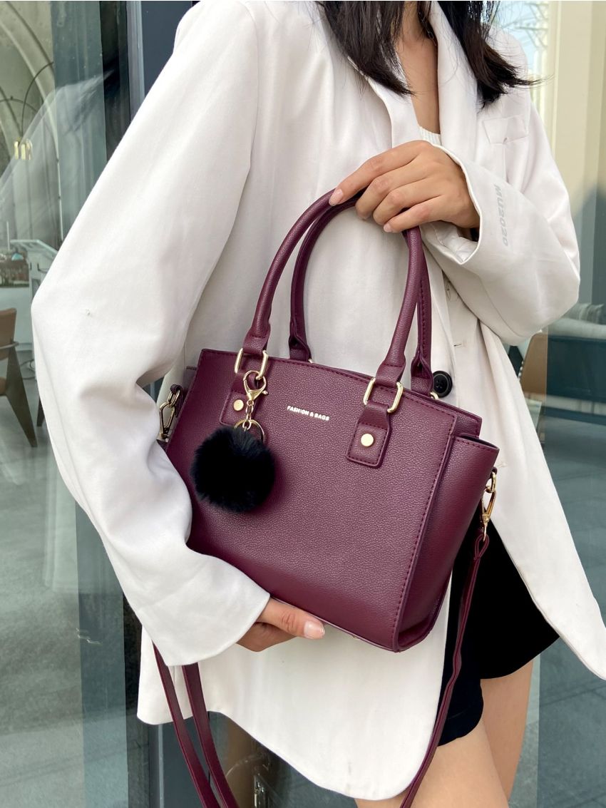 Letter Graphic Satchel Bag With Pom Pom