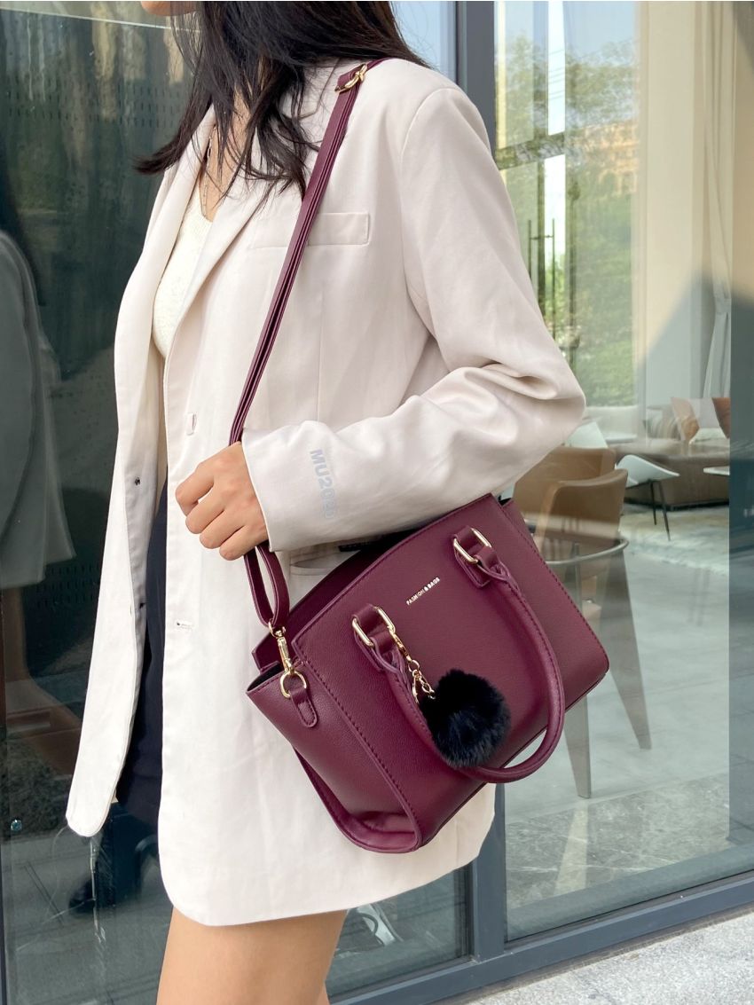 Letter Graphic Satchel Bag With Pom Pom