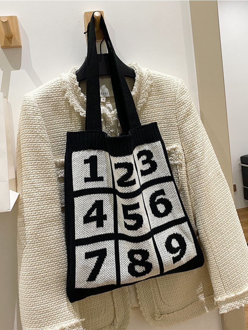 Letter Graphic Knitting Design Shopper Bag