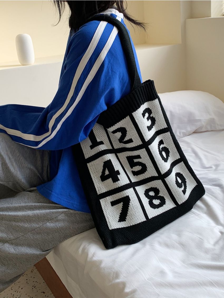 Letter Graphic Knitting Design Shopper Bag