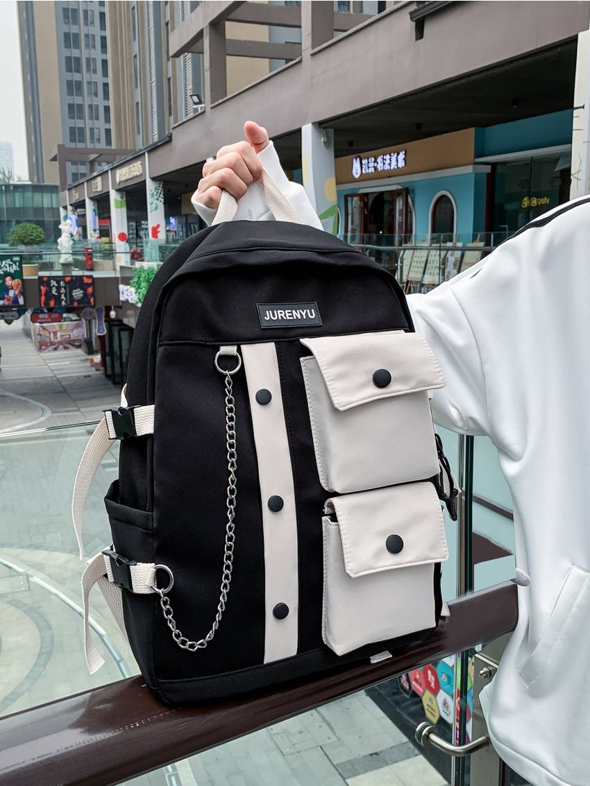 Pocket Detail Chain Decor Backpack