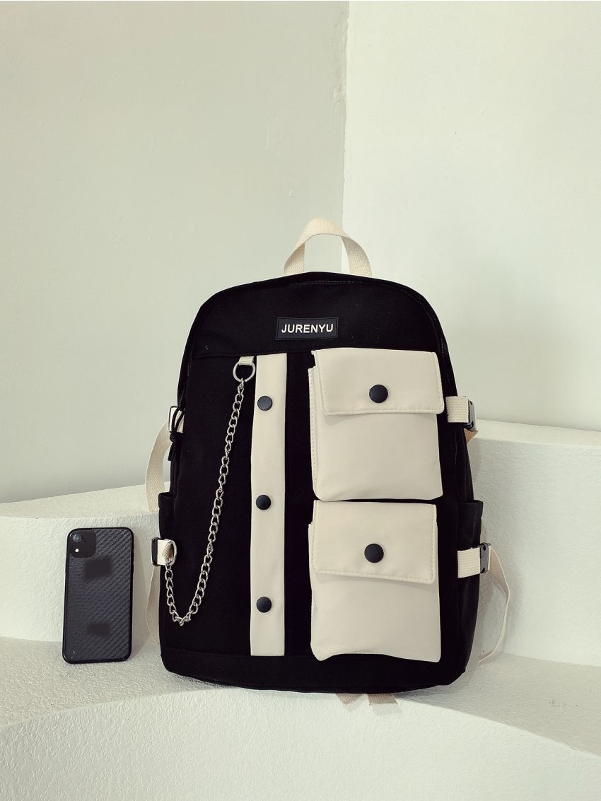 Pocket Detail Chain Decor Backpack