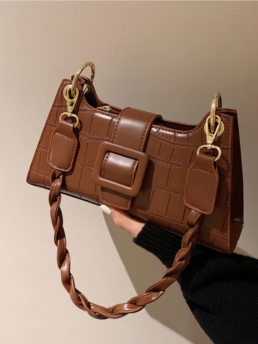 Crocodile Embossed Buckle Decor Square Bag