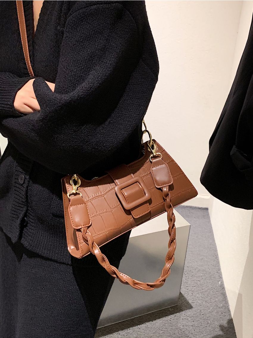 Crocodile Embossed Buckle Decor Square Bag