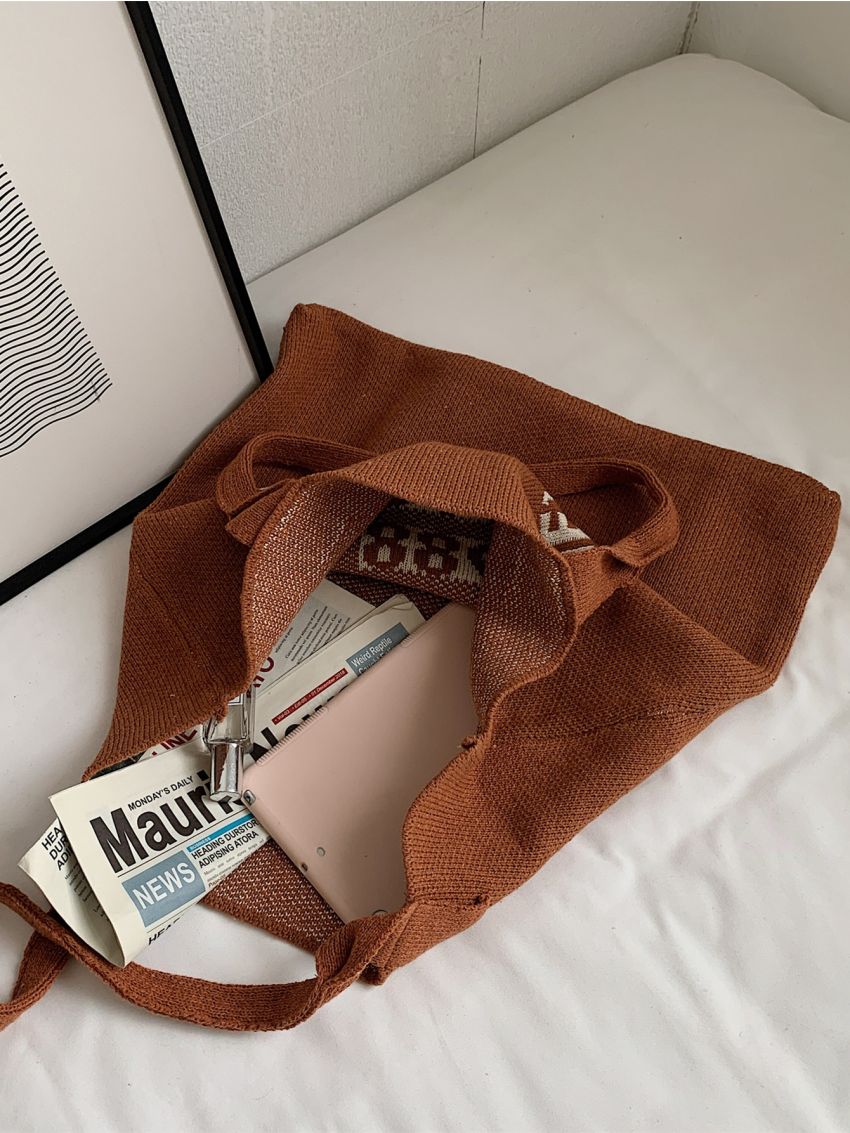 Letter Graphic Crochet Shopper Bag