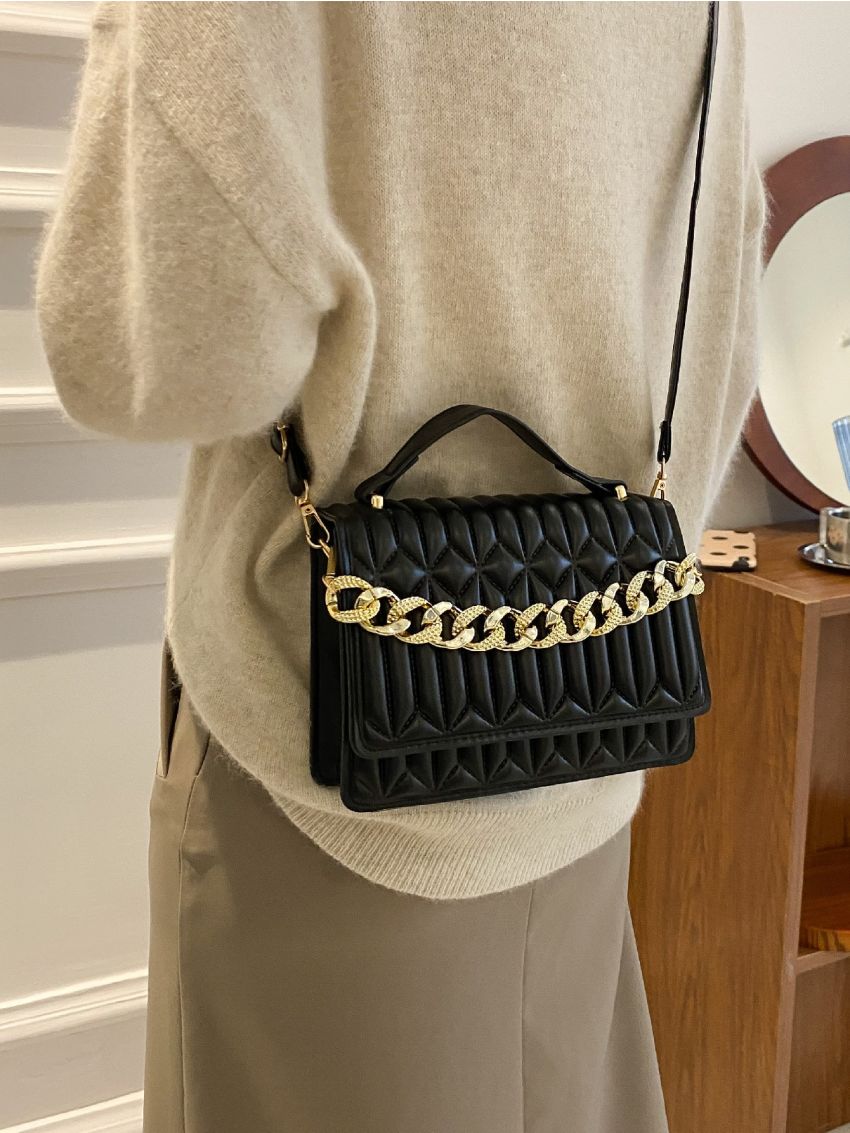 Mini Chain Decor Quilted Flap Satchel Bag