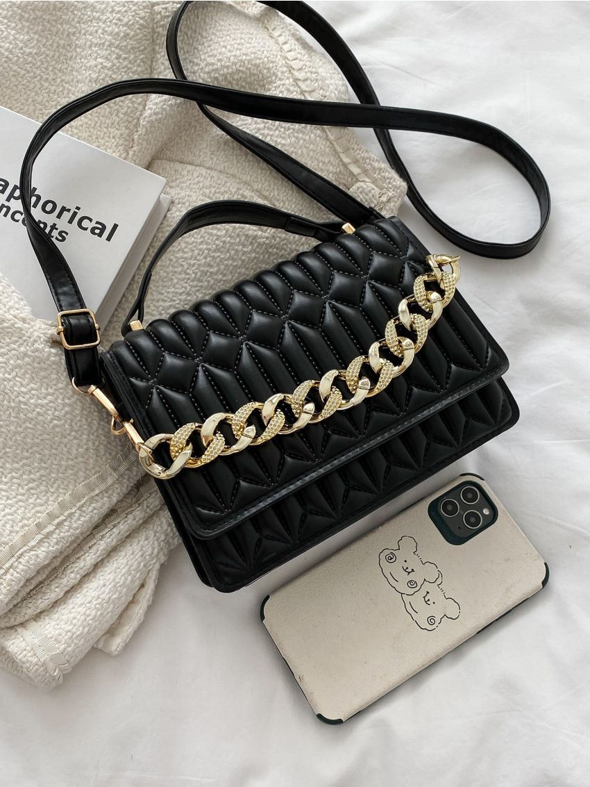 Mini Chain Decor Quilted Flap Satchel Bag