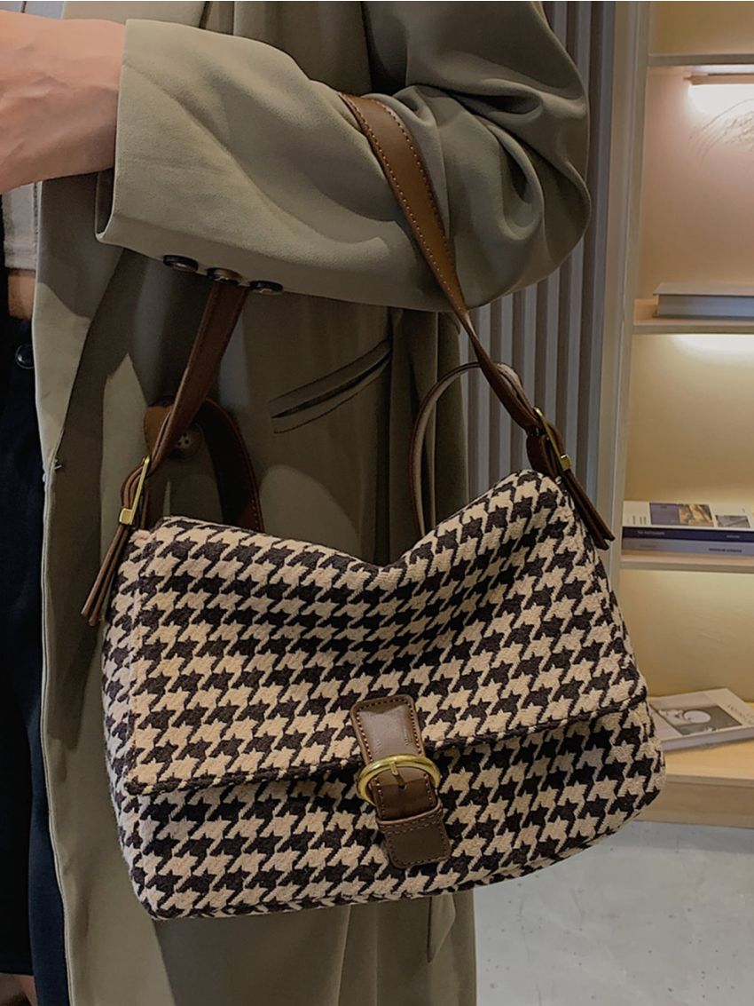 Houndstooth Pattern Flap Square Bag