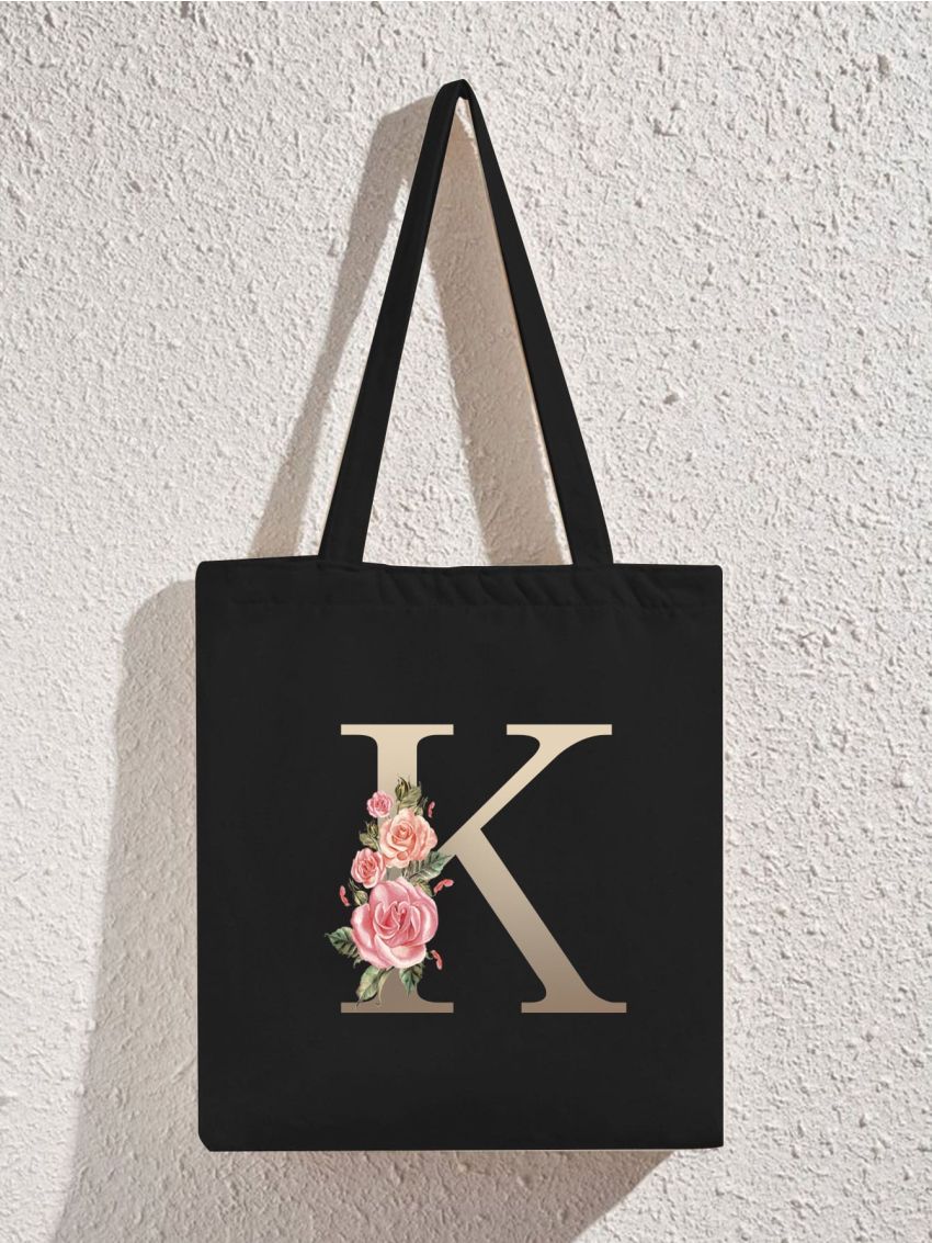 Floral & Letter Graphic Shopper Bag