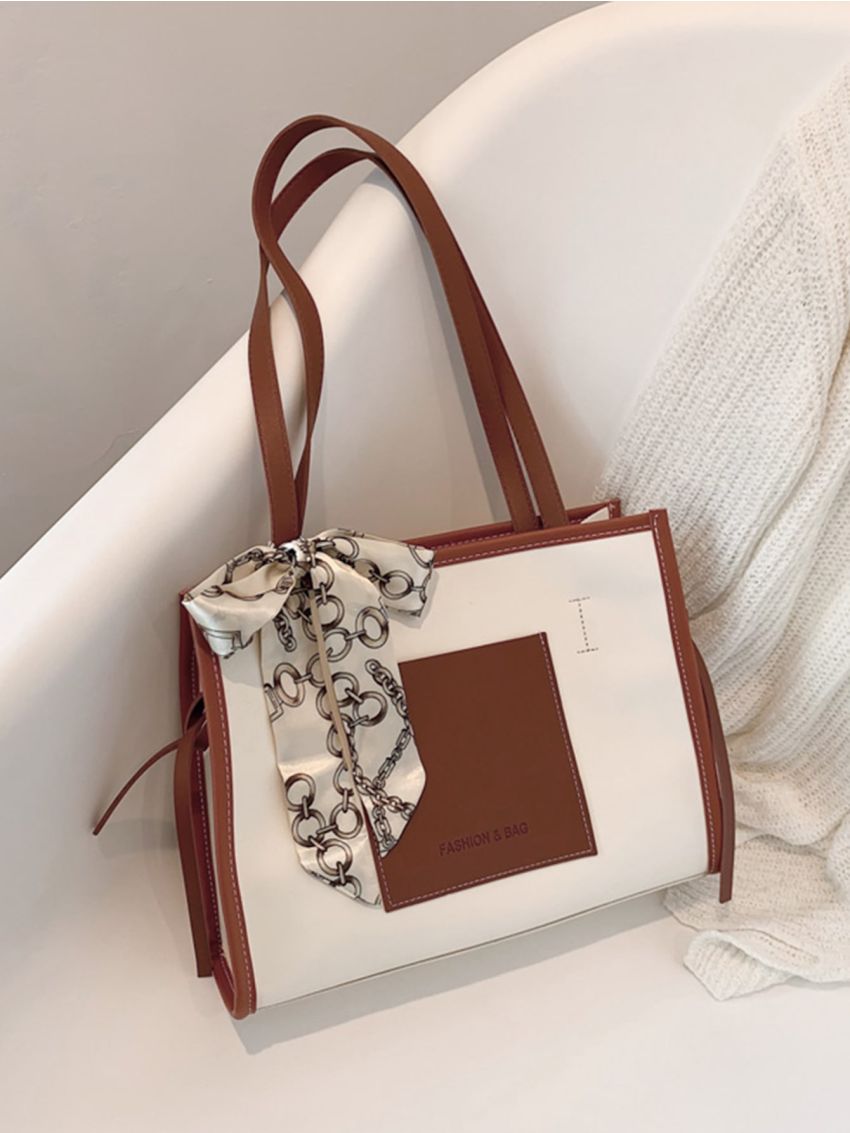 Contrast Binding Twilly Scarf Decor Shoulder Tote Bag