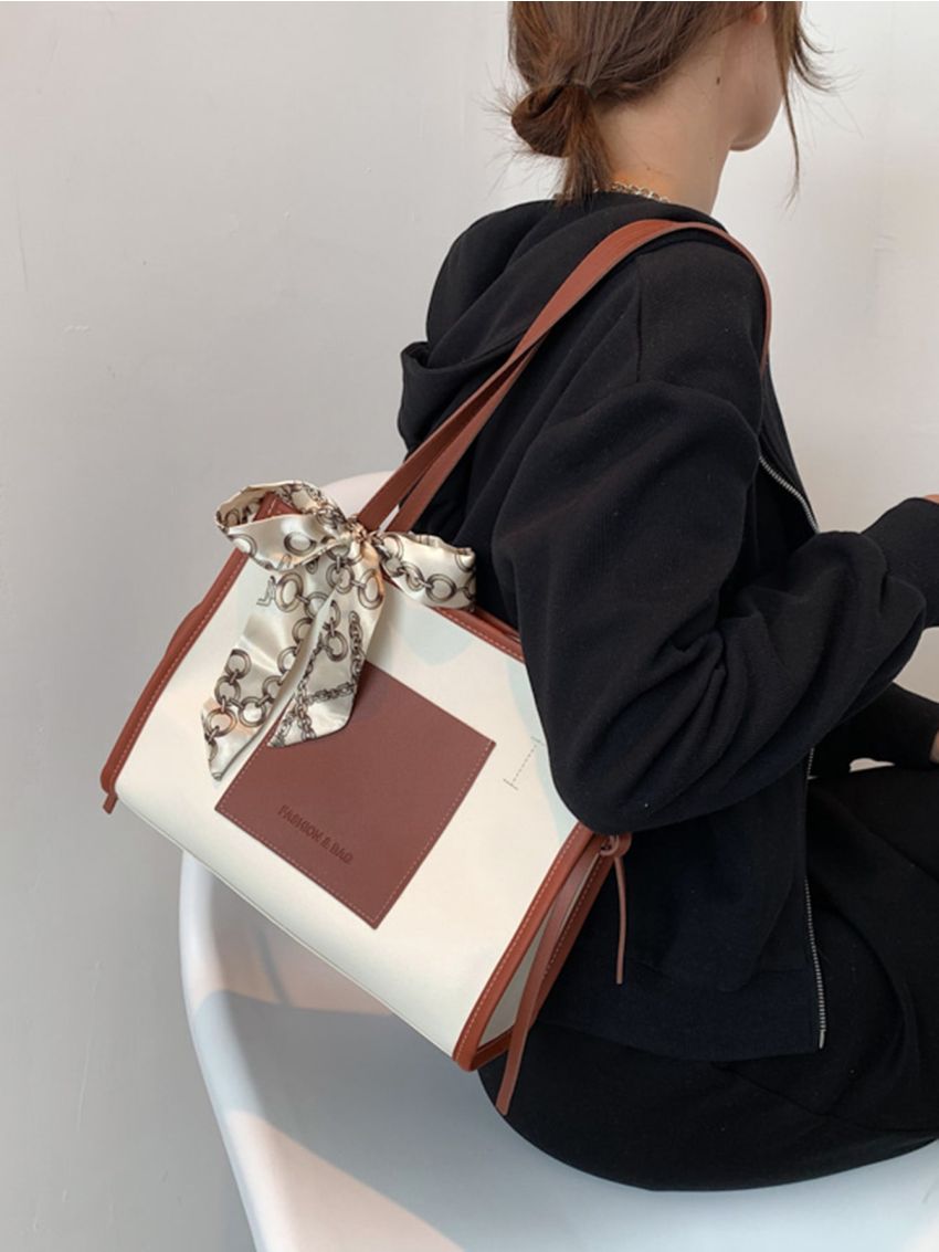 Contrast Binding Twilly Scarf Decor Shoulder Tote Bag