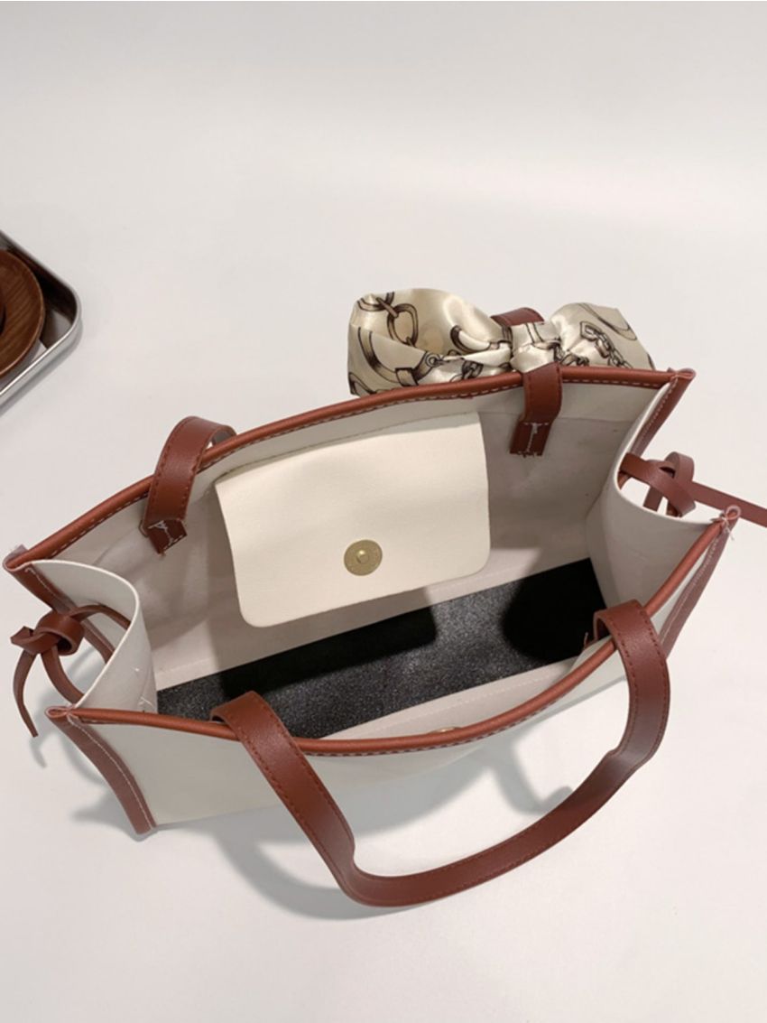 Contrast Binding Twilly Scarf Decor Shoulder Tote Bag