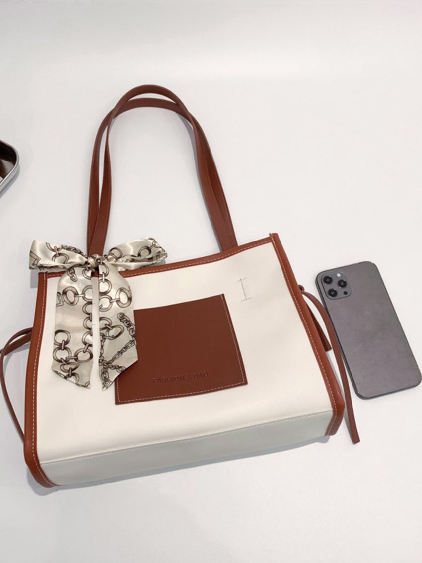 Contrast Binding Twilly Scarf Decor Shoulder Tote Bag