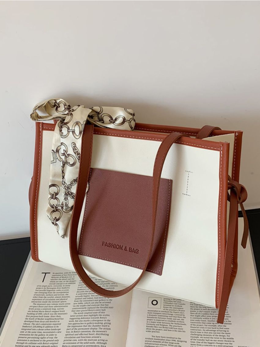 Contrast Binding Twilly Scarf Decor Shoulder Tote Bag