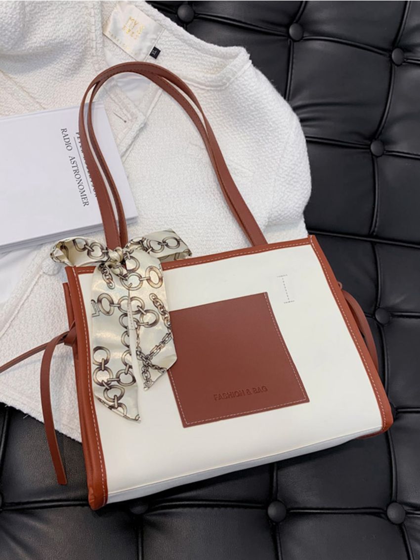 Contrast Binding Twilly Scarf Decor Shoulder Tote Bag