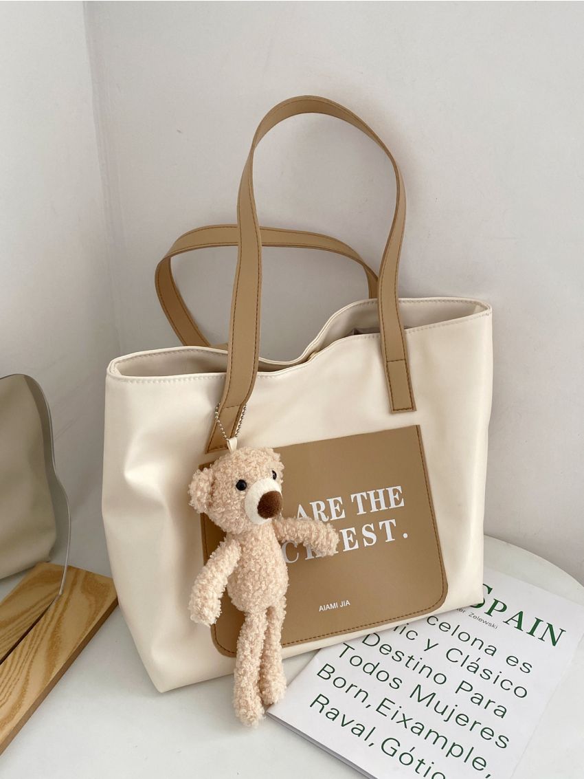 Letter Graphic Bear Charm Tote Bag