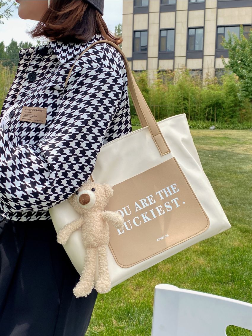 Letter Graphic Bear Charm Tote Bag