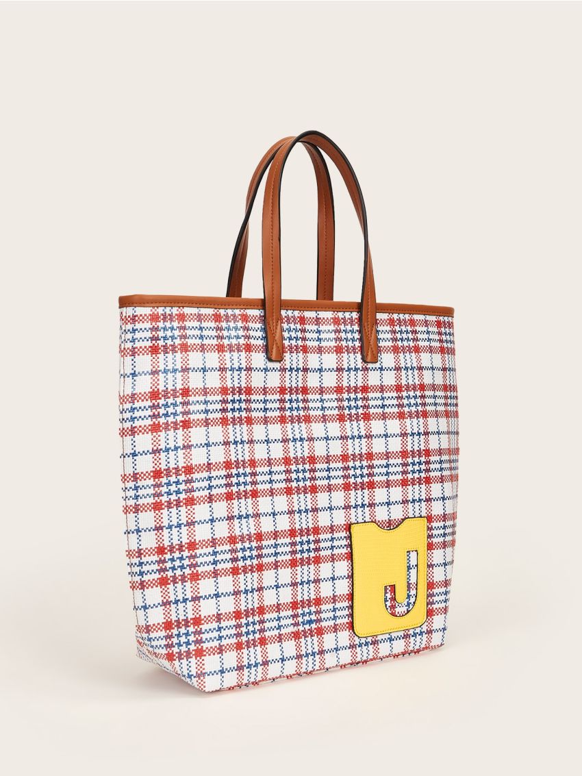 Letter Patch Plaid Pattern Top Handle Bag