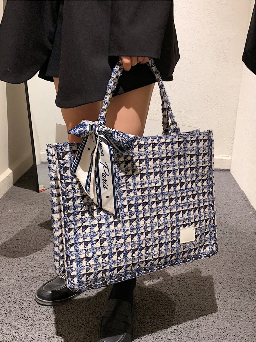 Twilly Scarf Decor Plaid Pattern Top Handle Bag