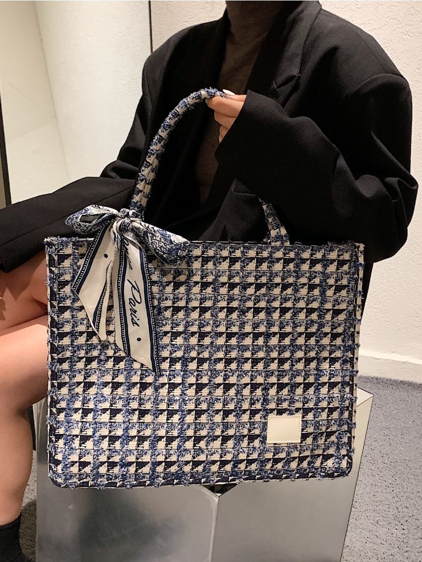Twilly Scarf Decor Plaid Pattern Top Handle Bag