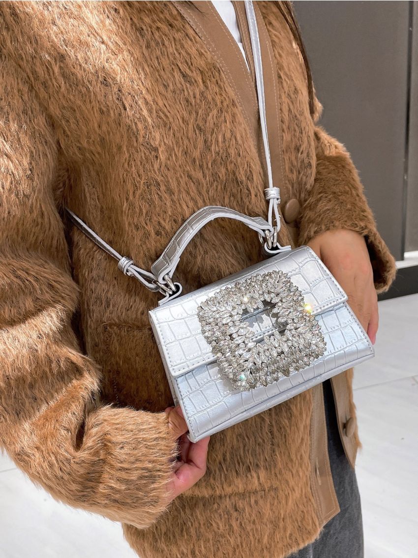 Metallic Crocodile Embossed Rhinestone Decor Satchel Bag