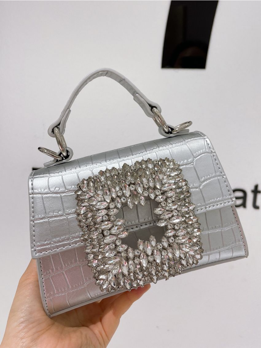 Metallic Crocodile Embossed Rhinestone Decor Satchel Bag