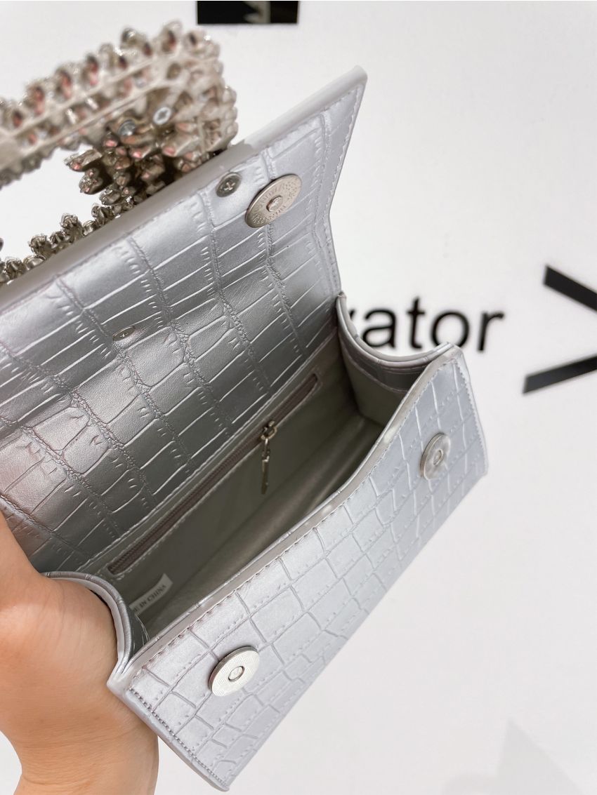 Metallic Crocodile Embossed Rhinestone Decor Satchel Bag