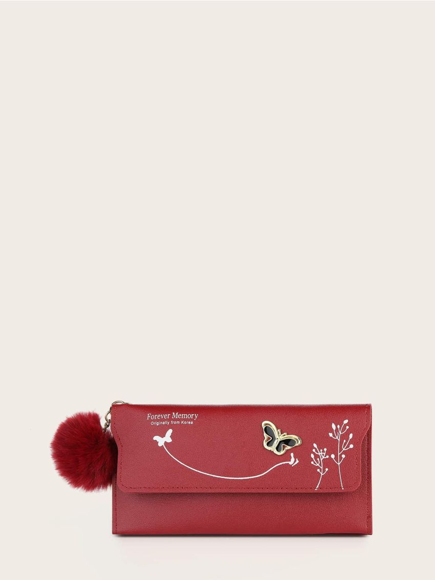 Pom Pom Charm Flap Long Wallet