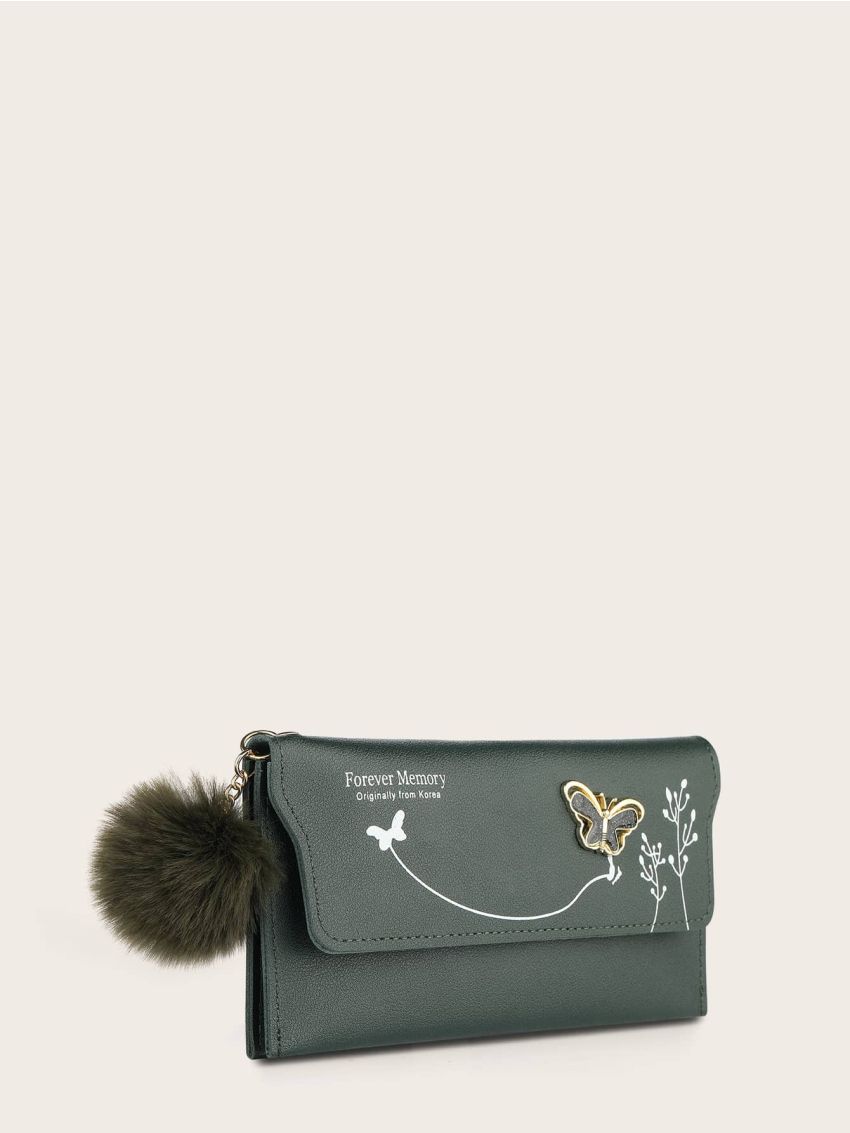 Pom Pom Charm Flap Long Wallet