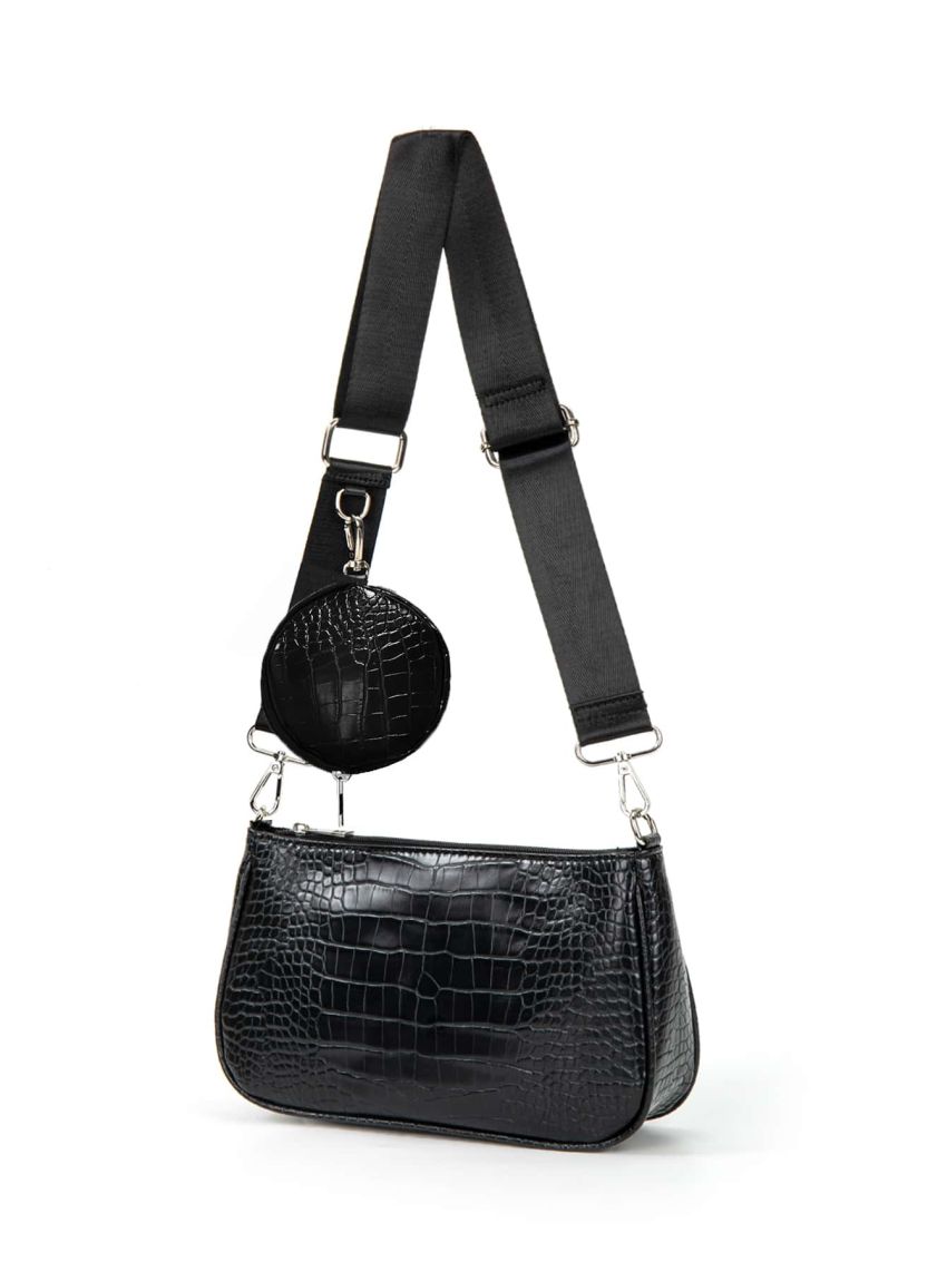 Crocodile Embossed Baguette Bag With Coin Case