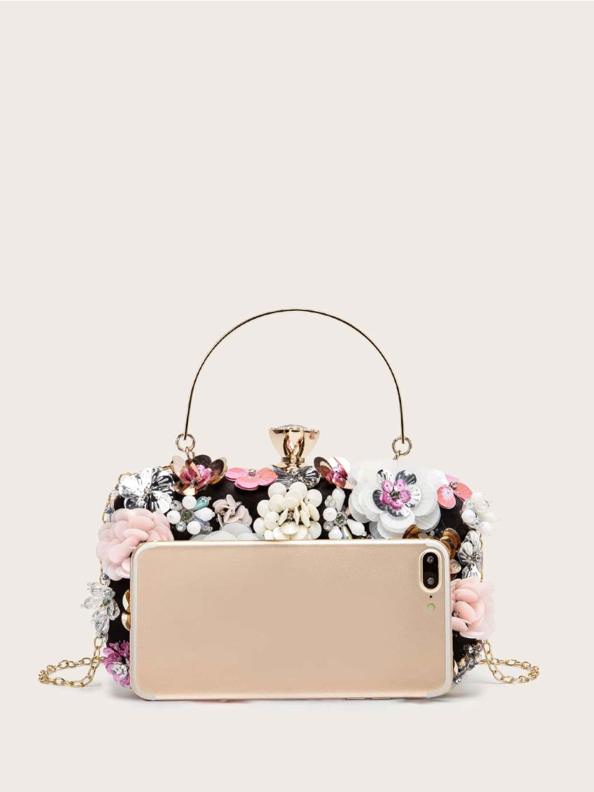 Mini Flower & Bead Decor Top Handle Chain Box Bag