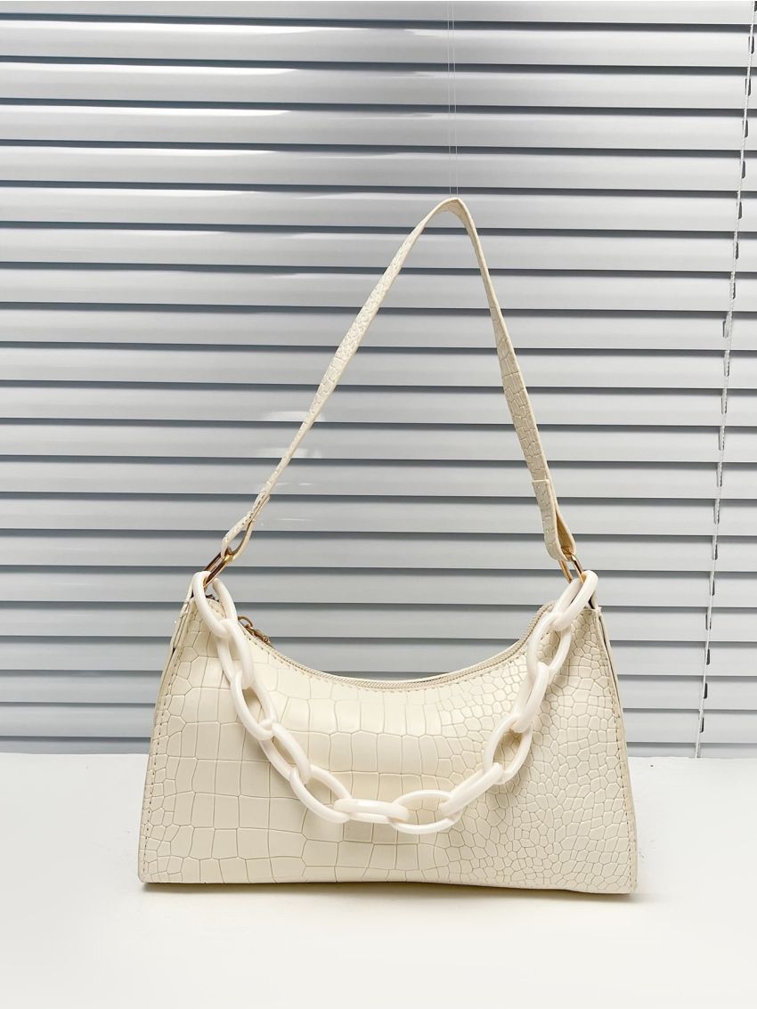 Crocodile Embossed Chain Baguette Bag