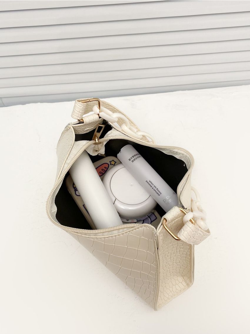 Crocodile Embossed Chain Baguette Bag