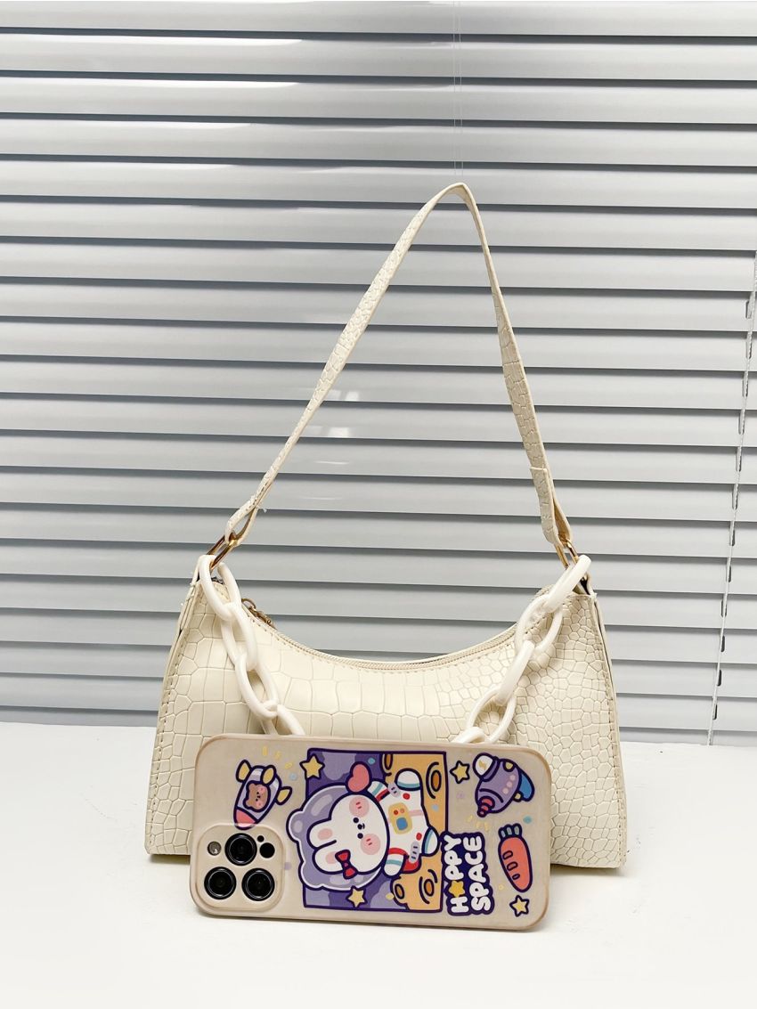 Crocodile Embossed Chain Baguette Bag