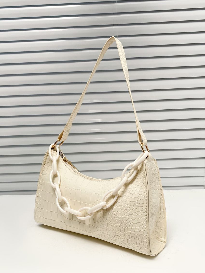 Crocodile Embossed Chain Baguette Bag