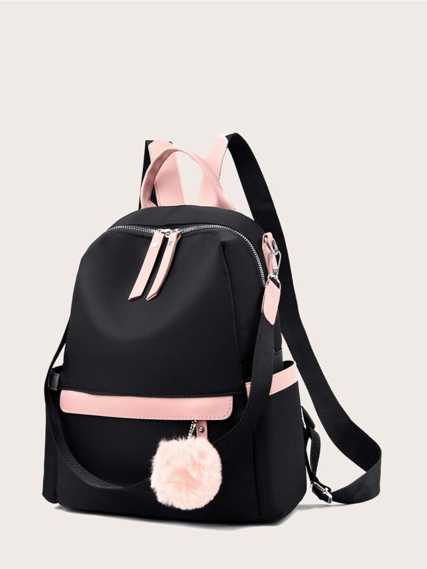 Pom Pom Decor Curved Top Backpack