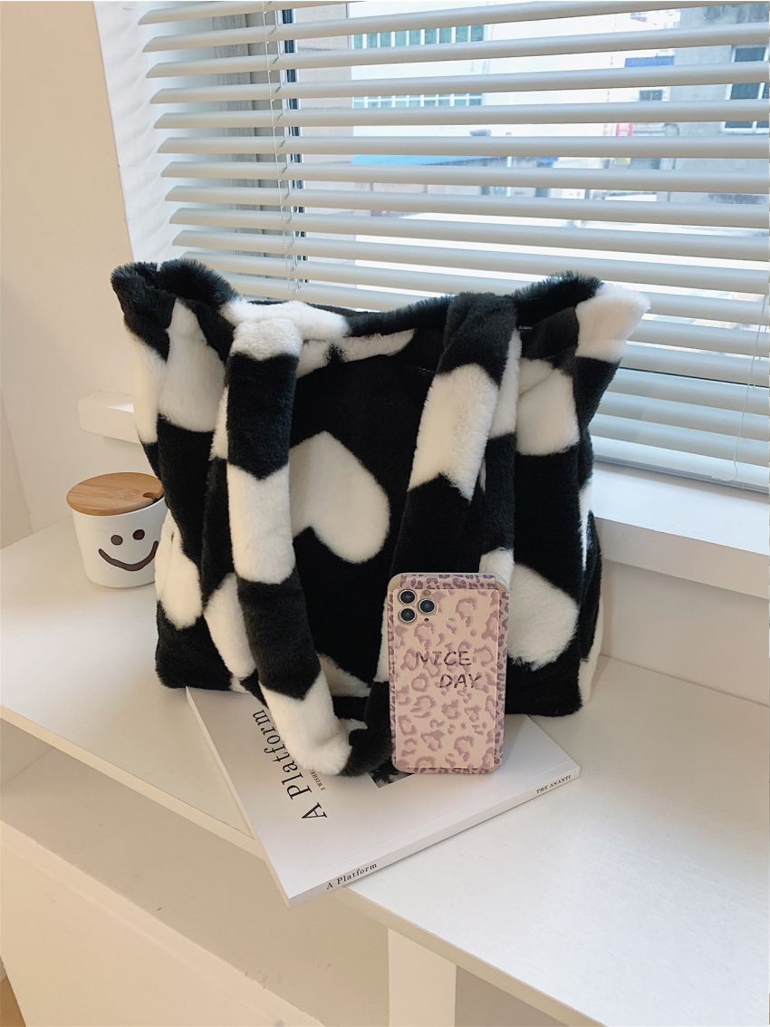 Heart Graphic Fluffy Shoulder Tote Bag