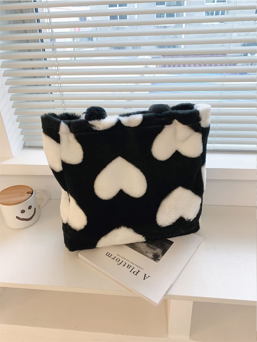 Heart Graphic Fluffy Shoulder Tote Bag